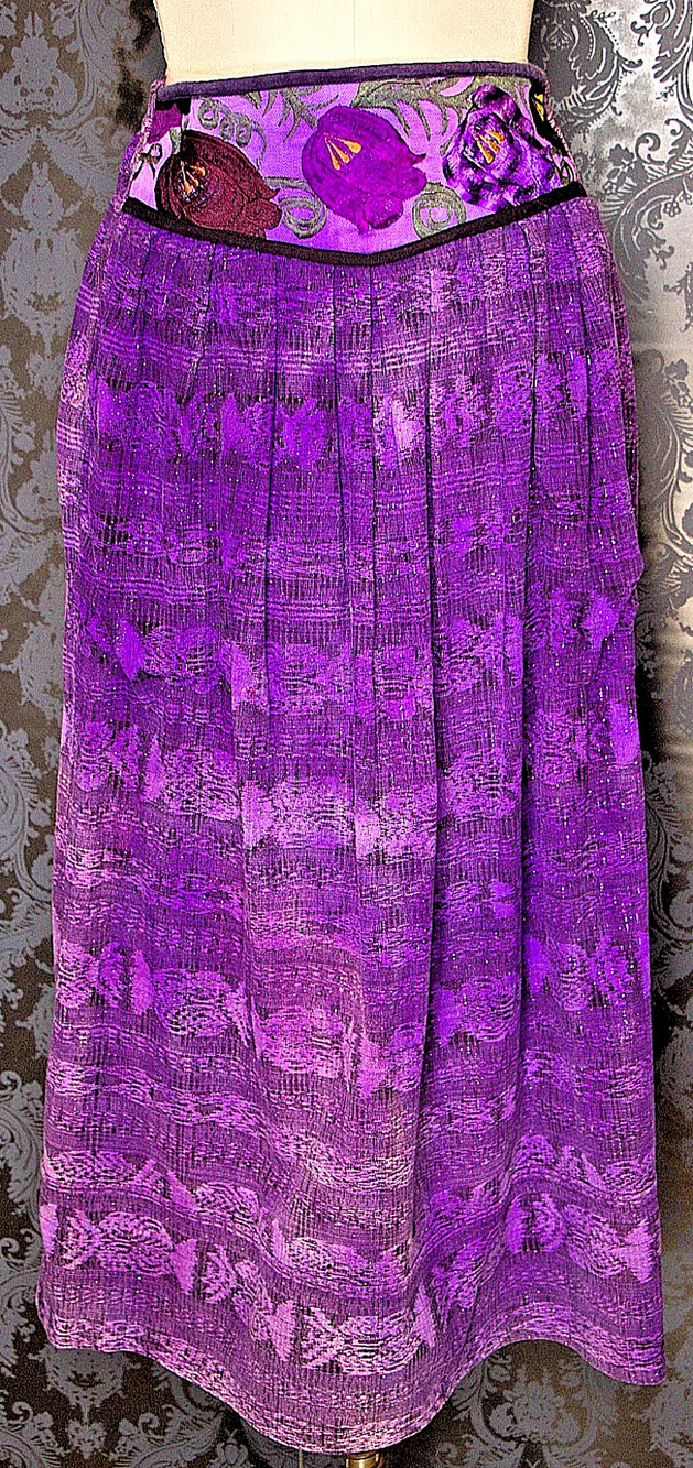 Boho Purple Maxi Skirt – Embroidered Waist Hidden Pocket, Side Pockets 26” Waist